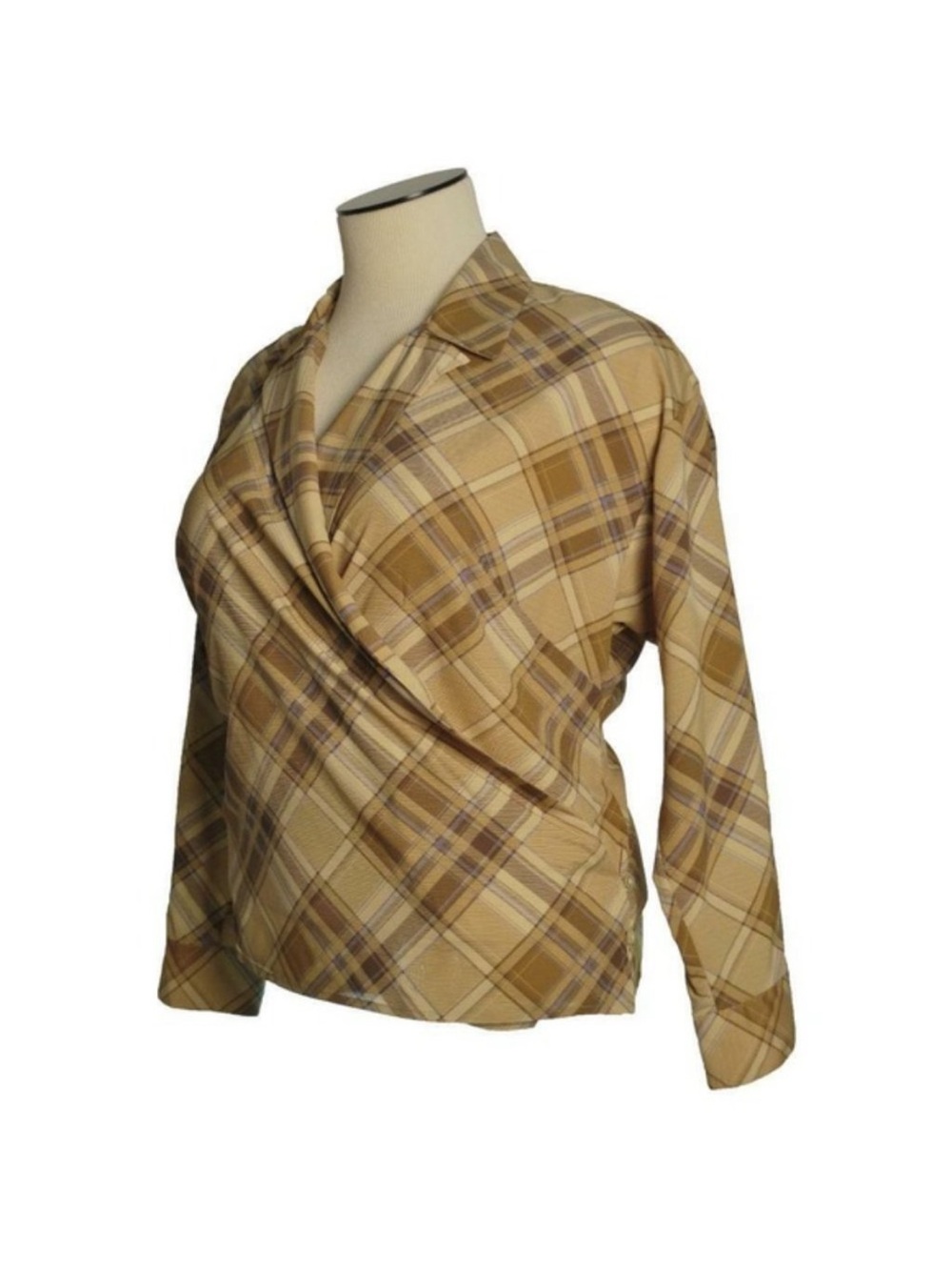 Ralph Lauren Beige Plaid Wrap-Front Long Sleeve Top - Picture 2 of 4